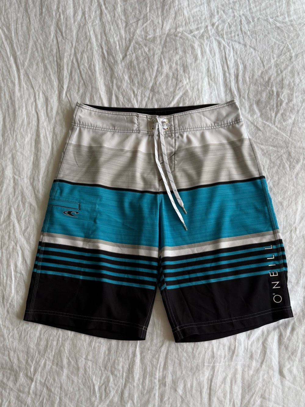 O'Neill Men's Teal, Black & White Striped Board Shorts